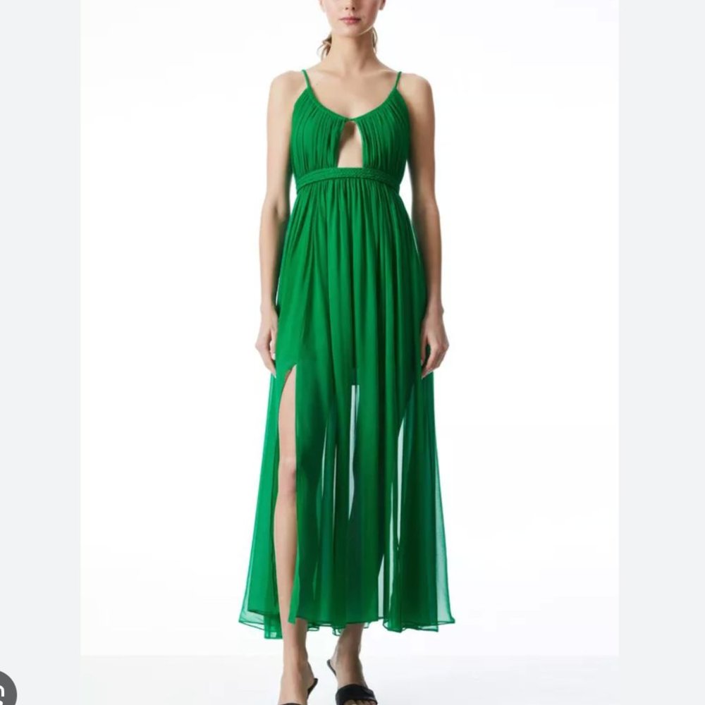 NEW ALICE + OLIVIA Tamar Cutout Slit Maxi Green Dress (100% silk fabric)